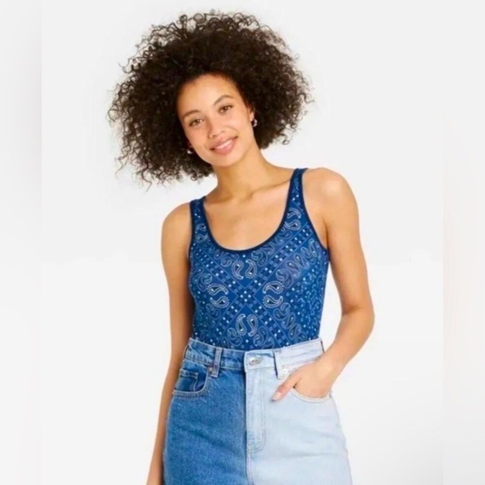 Isaac Morris Women's Size XS Blue Indigo Bandana Graphic Bodysuit